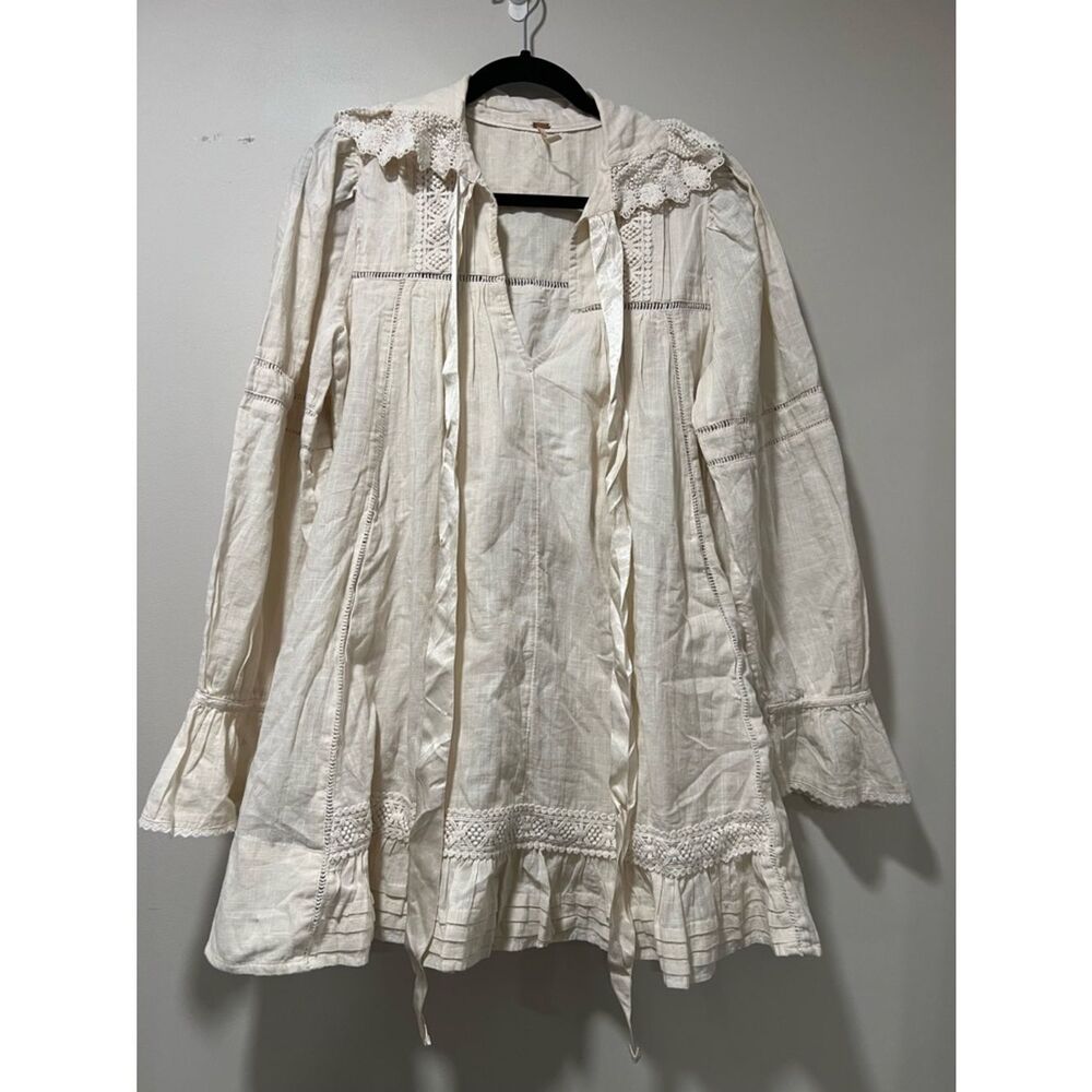 Free People Cream Long Sleeve Lace-Trim Dress - Picture 10 of 13